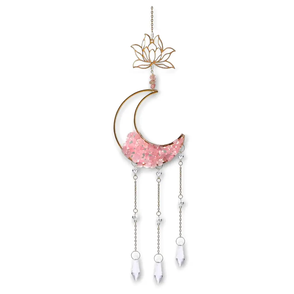 Colgante de Cristales - Luna con Loto (Cuarzo Rosa).webp