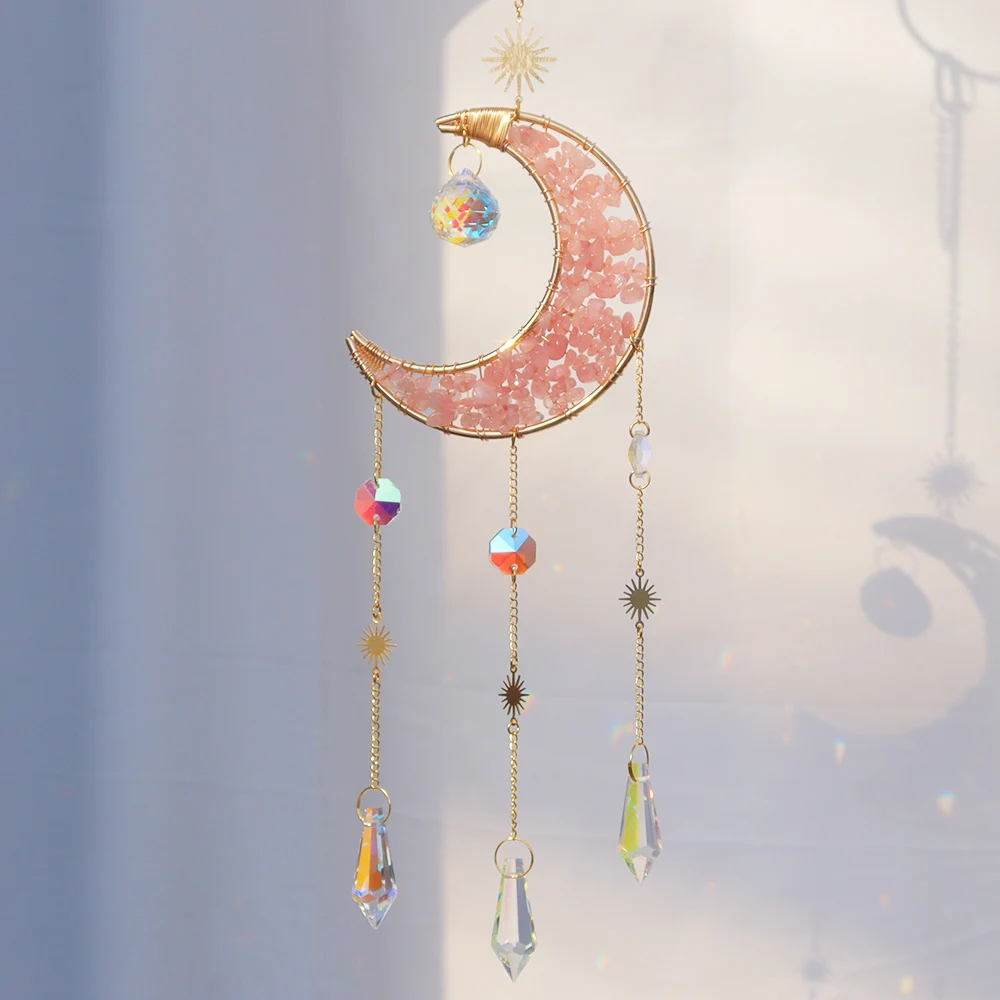 Colgante de Cristales - Luna Toda Llena Cuarzo Rosa (45x10cm)