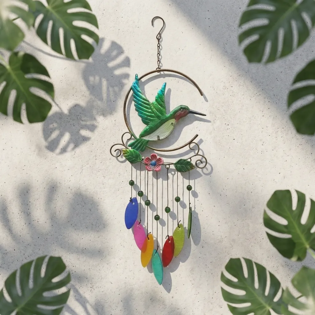 Colgante Metal Colibri con Hojas colores - 52cm Alto
