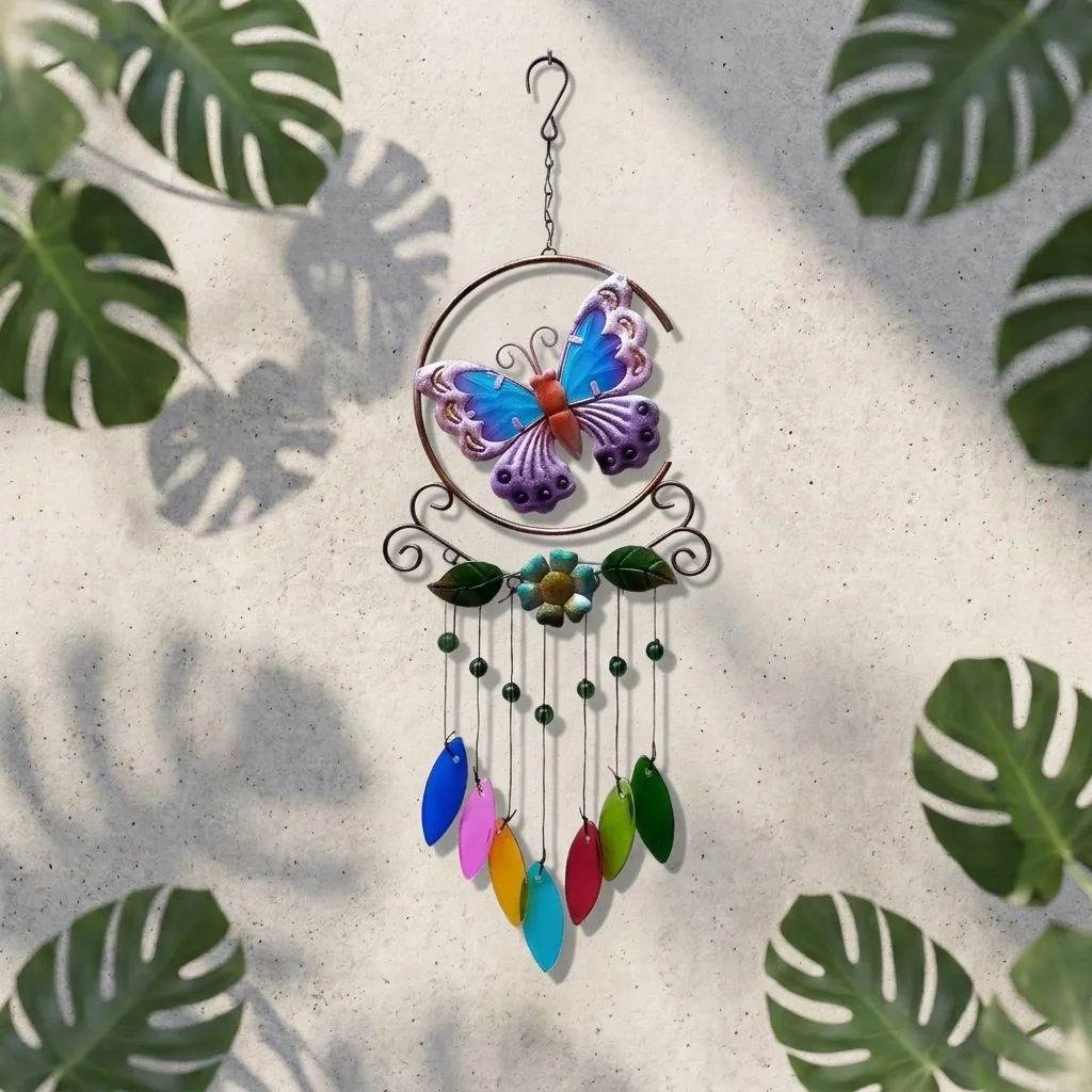 Colgante Metal Mariposa con Hojas colores - 52cm Alto