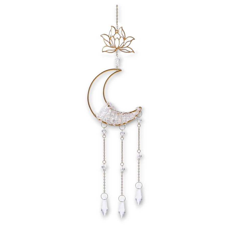 Colgante de Cristales - Luna con Loto (Cuarzo Blanco)