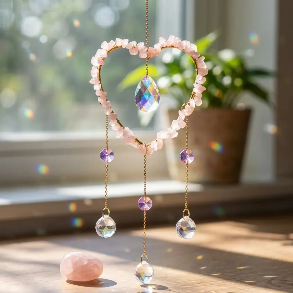 Colgante de Cristales - Corazon con Cuarzo Rosa (Grande) 46x11cm