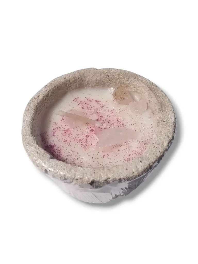 Velas con Cristales y Base Cementina - Cuarzo Rosa (Amor)