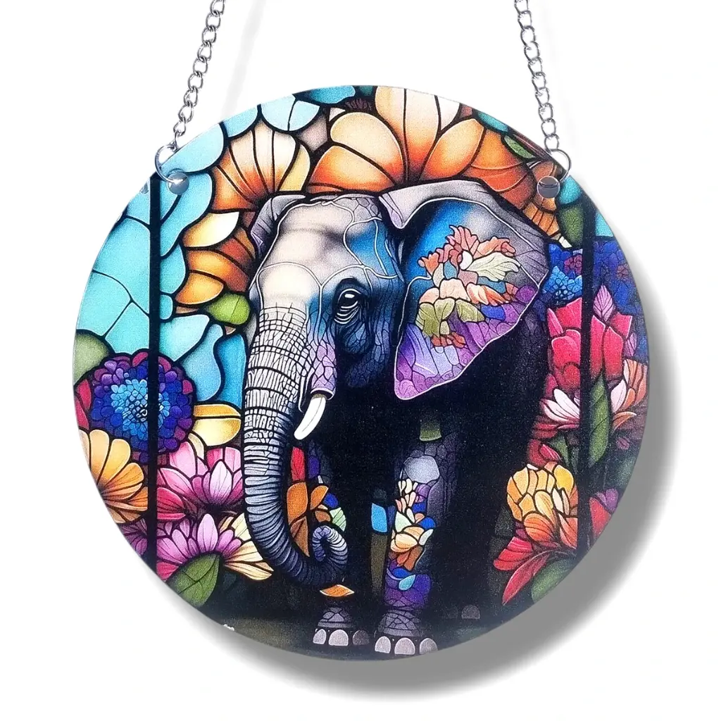 Colgante Plano de Acrílico 15cm - Elefante y flores