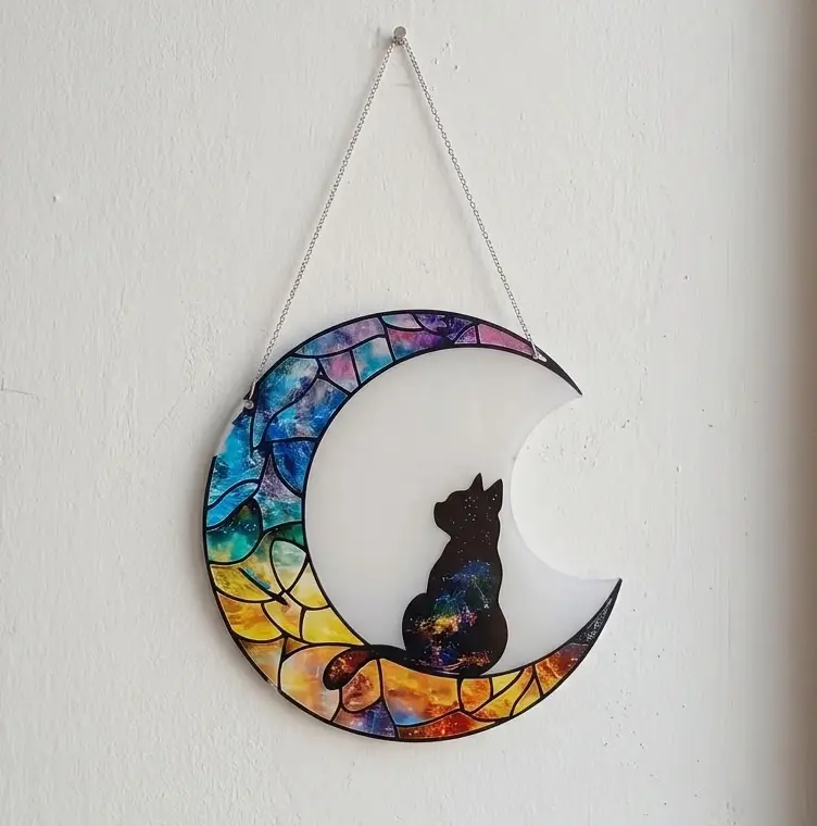 Colgante Plano de Acrílico - Gato en la Luna (20cm)