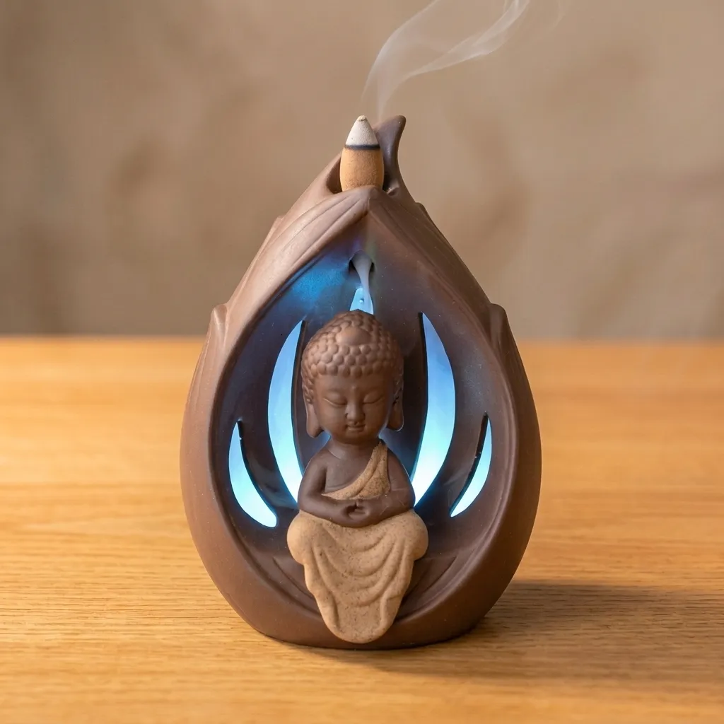 Cascada de humo Cerámica - Lluvia de Niño Buda con LED (17 cm)