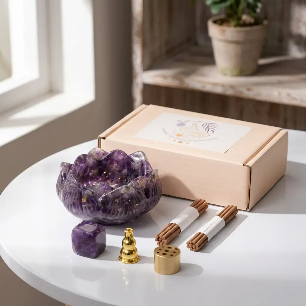 Kit Portasahumerio/Portavela - Flor de Loto de Resina y Cristales (8cm)