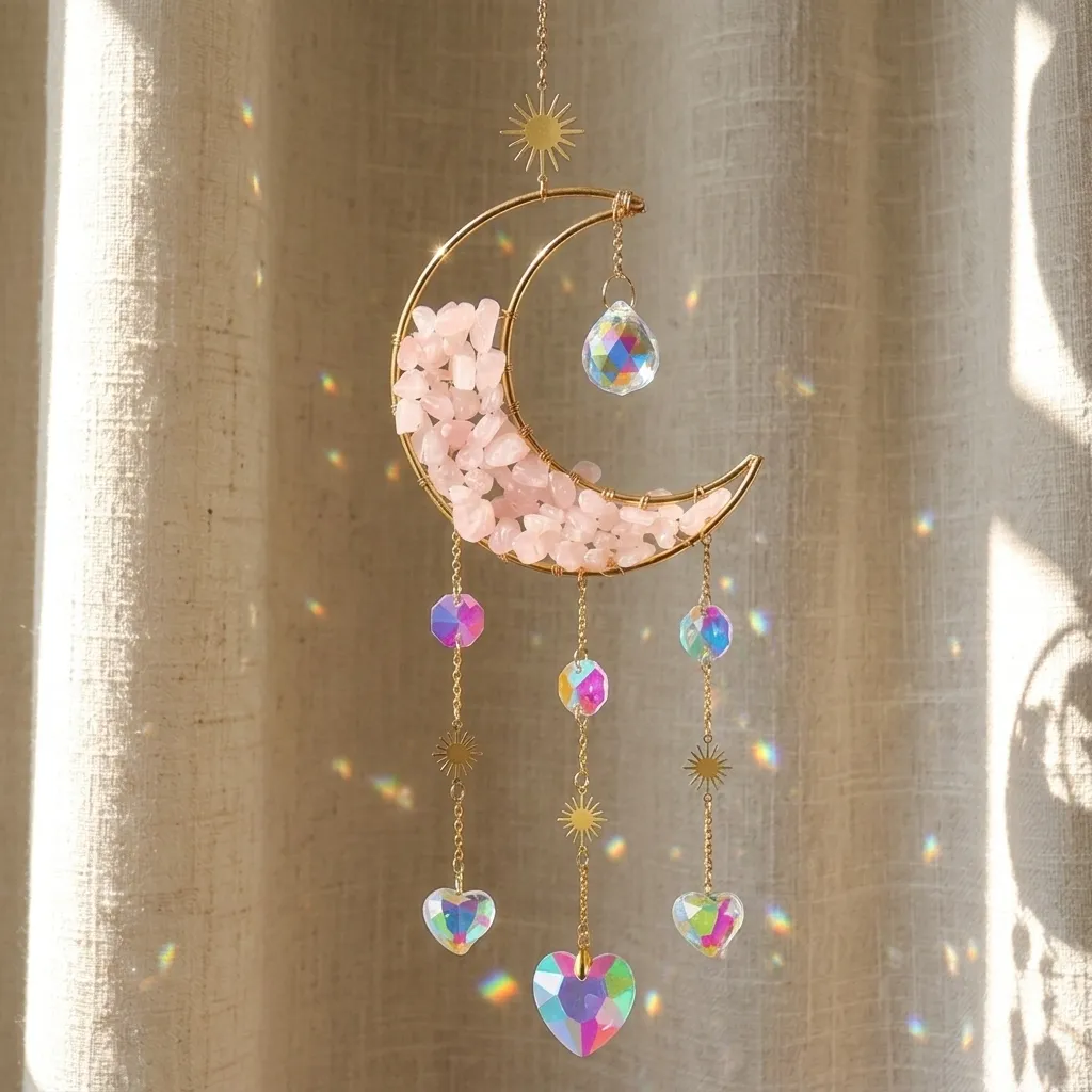 Colgante de Cristales - Luna Semillena Cuarzo Rosa (50x10cm)
