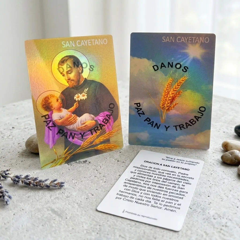 Promo x10 - Estampita Holográfica - San Cayetano (8cm)