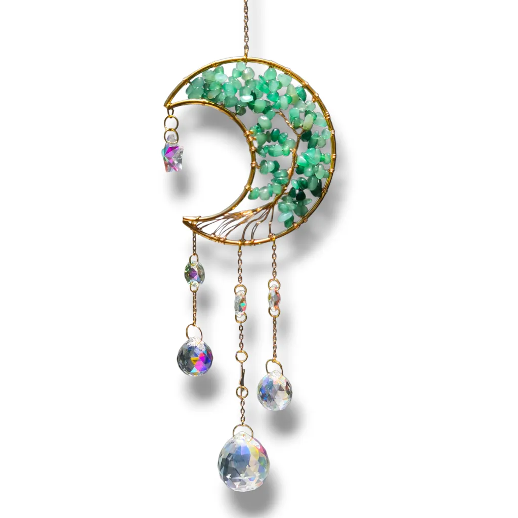 Colgante de Cristales - Luna con Árbol Cuarzo Verde (49x10cm) 