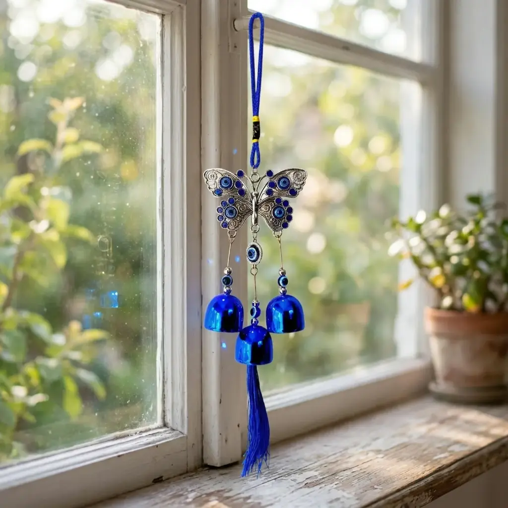 Colgante - Mariposa azul con campanitas (30x7cm)