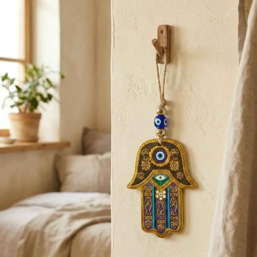 Colgante con soga - Mano fátima con borde dorado (26x7cm)