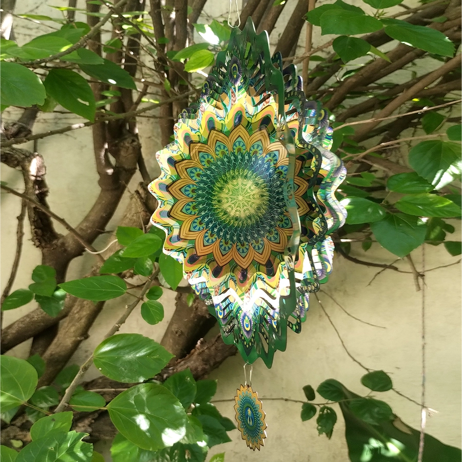 [WINUV30-021] Windspinner Pintado 30cm - Mandala verde Plumas azules (Brillante)