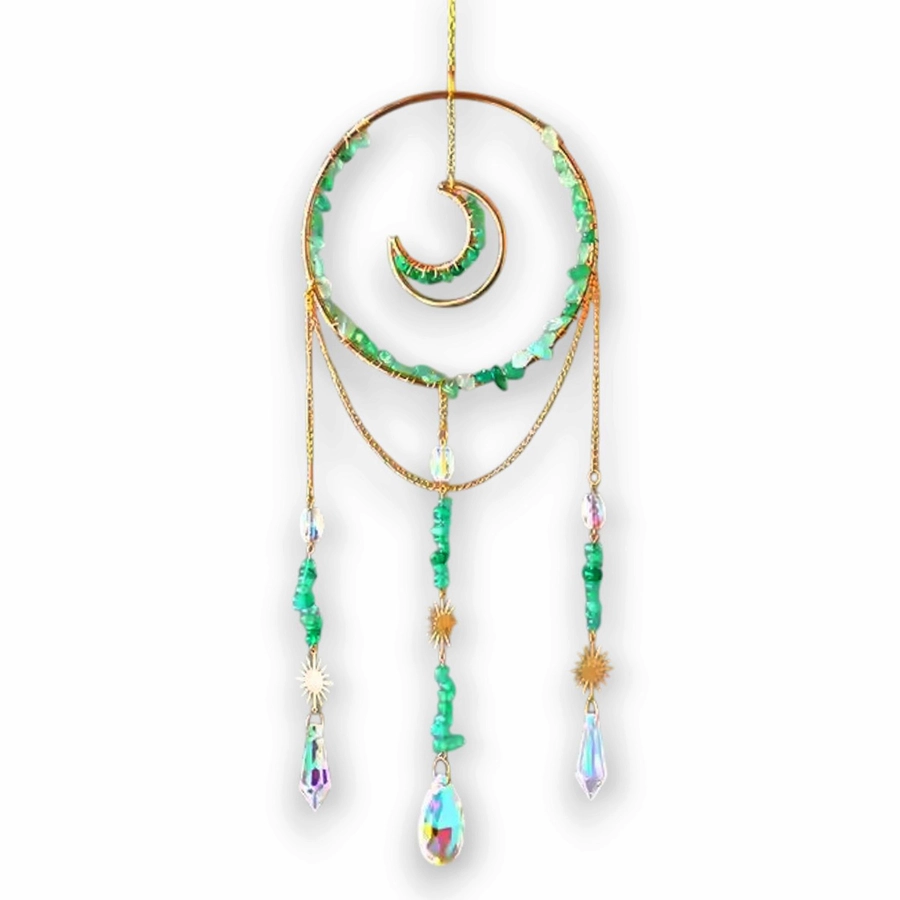 [IMP-068] Colgante de Cristales - Círculo con Luna Adentro (Cuarzo Verde)