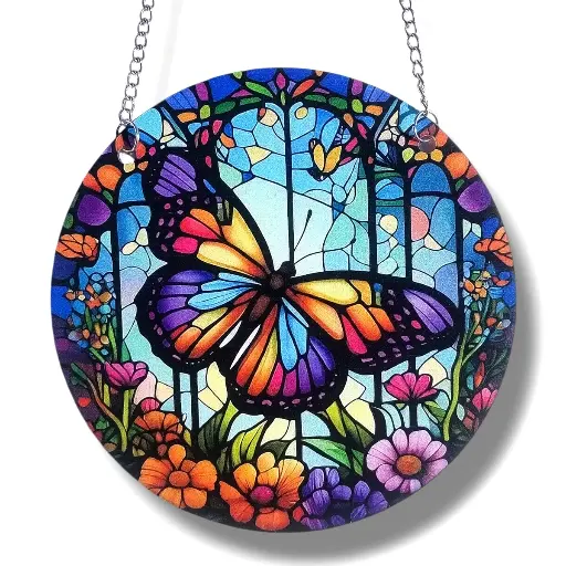 Colgante Plano de Acrílico 15cm - Mariposa y flores