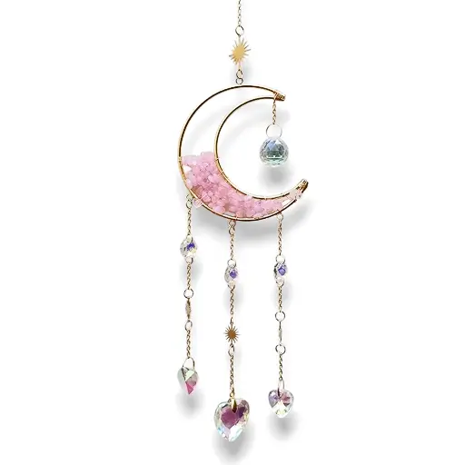 Colgante de Cristales - Luna Semillena Cuarzo Rosa (50x10cm)