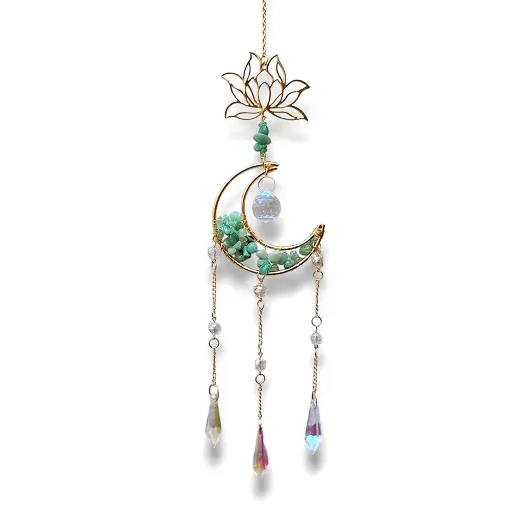 Colgante de Cristales - Luna con Loto (Cuarzo verde) (47x9cm)