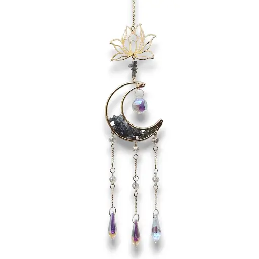 [IMP-077] Colgante de Cristales - Luna con Loto (Labradorita gris) (47x9cm)