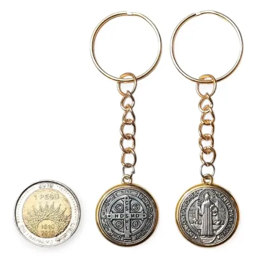 PROMO X10 - Llavero Medalla San Benito Borde Dorado (Mediano) (2x8cm)