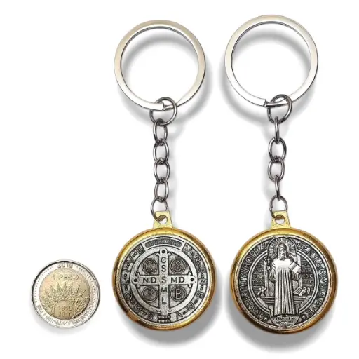 PROMO X12 - Llavero Medalla San Benito Borde Dorado (Grande) (3,5x10cm)