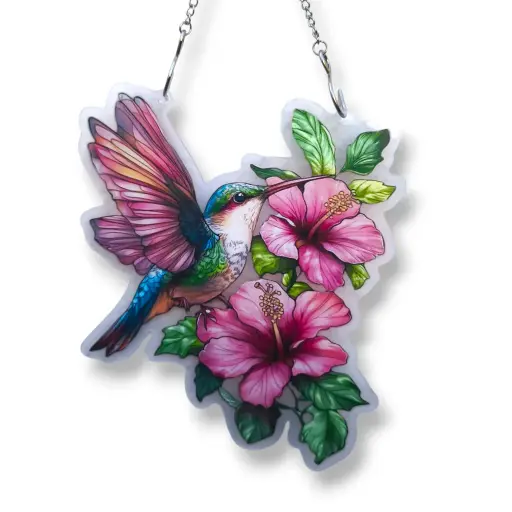[IMP-251] Colgante Plano de Acrílico - Colibri en Flores de Hibiscus (24x17cm)