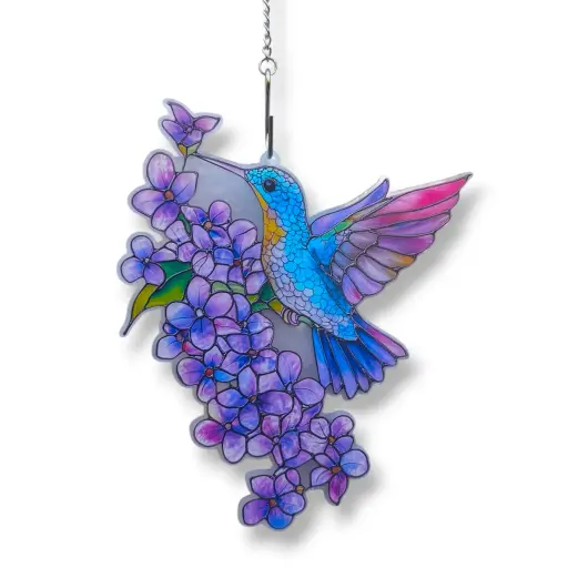 [IMP-252] Colgante Plano de Acrílico - Colibri en Flores Violetas (20x15cm)