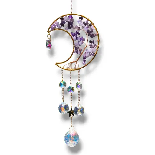 [IMP-247] Colgante de Cristales - Luna con Árbol Amatista (49x10cm) 