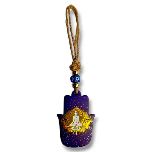 Colgante con soga - Mano Fatima con mujer meditando (22x6cm)
