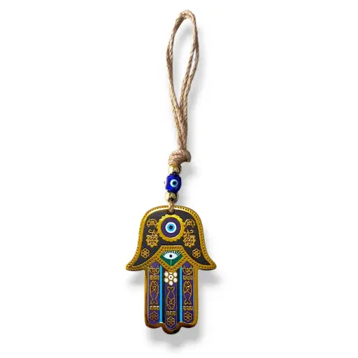 Colgante con soga - Mano fátima con borde dorado (26x7cm)
