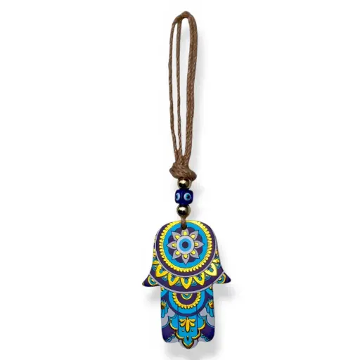 [ONC-100] Colgante con soga - Mano fátima con mandala (26x7cm)